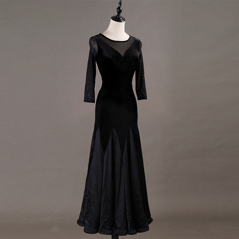 Black ballroom practice dress front view on mannequin with fishtail hem