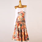 Orange floral print dance dress front view with the mermaid skirt hanging