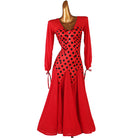 Red ballroom dance dress with black dot bodice panel and long ribbon tie sleeves