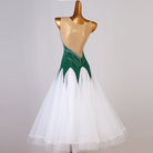 Back view of the green rhinestone ballroom dress showing the deep open back