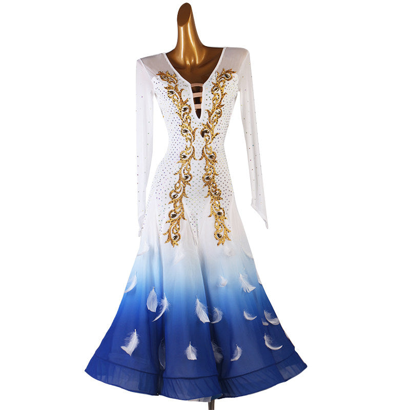 Gold embroidered ballroom competition dress with a blue ombre feather print skirt