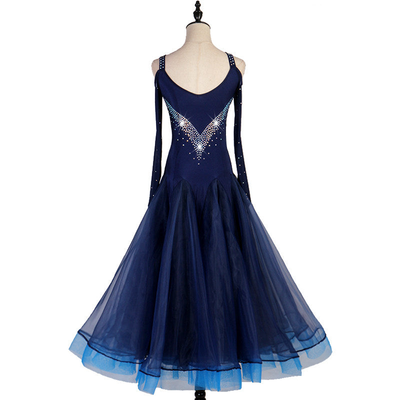 Navy ballroom dance dress back view with stoned shoulder straps
