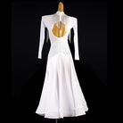 Back view of the white ballroom dress showing the keyhole and fringe