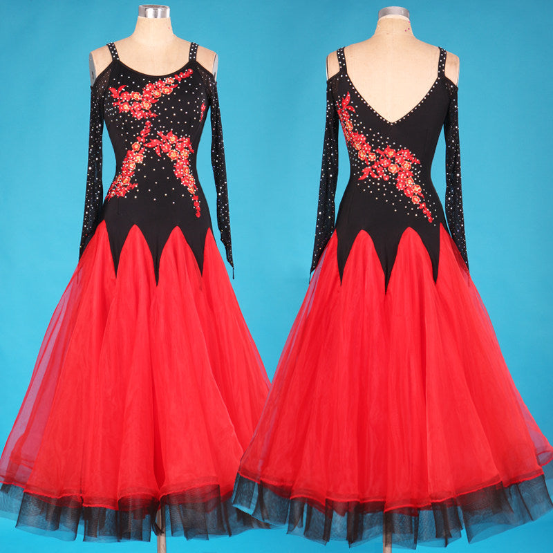 Red ballroom competition gown with rhinestone flame bodice, front and back