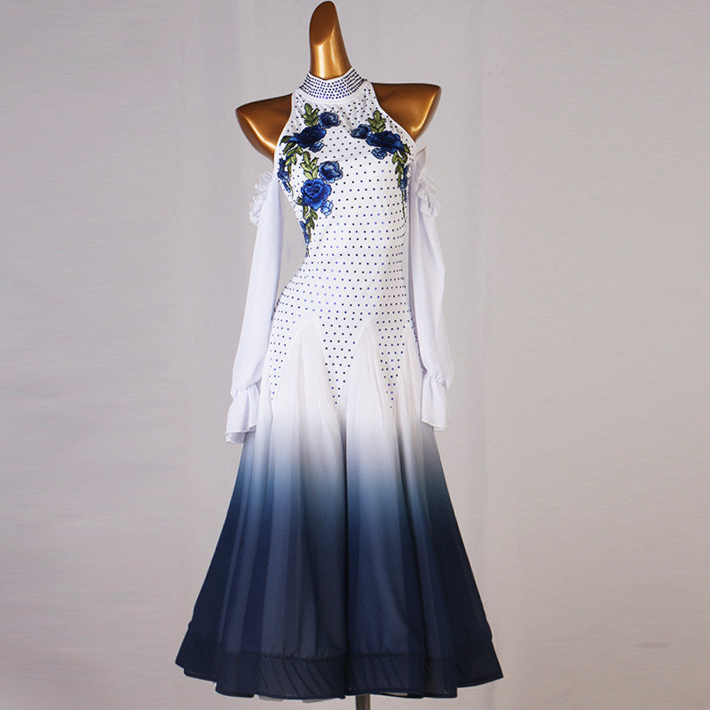 White and navy rose embroidered halter ballroom dress with ombre chevron skirt