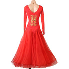 Back view of the red dress showing the gold baroque applique down the spine