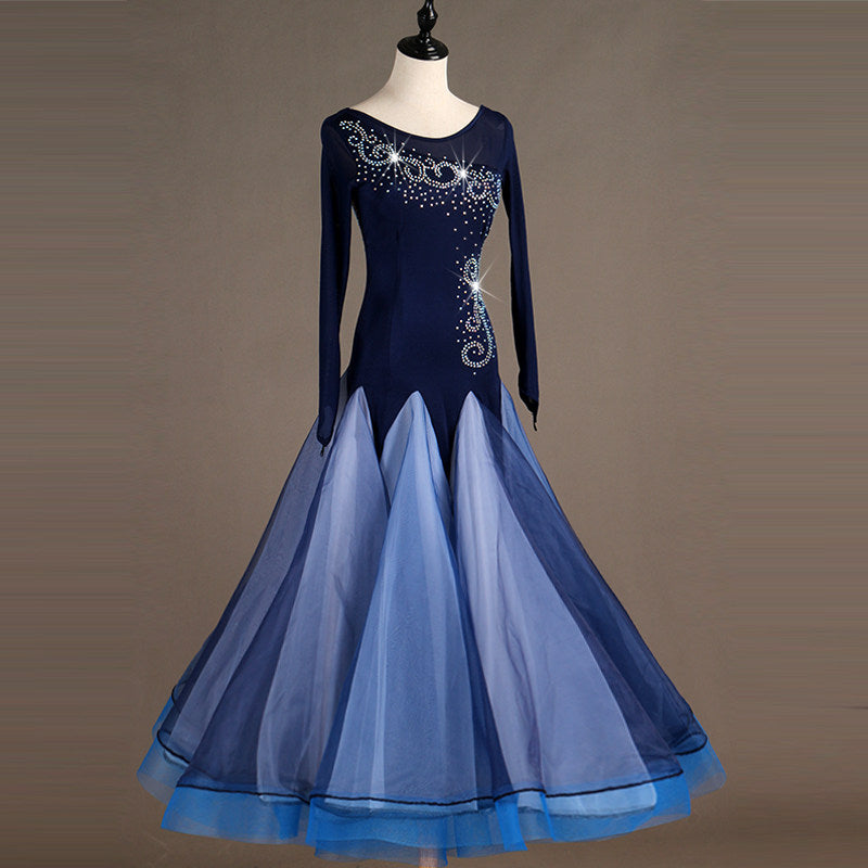 Navy ballroom competition dress front view with full ombre tulle skirt