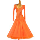 Orange rhinestone swirl ballroom dress front view with the skirt spread