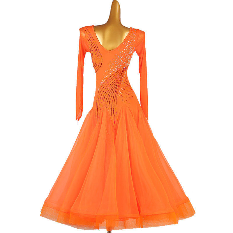 Orange rhinestone swirl ballroom dress front view with the skirt spread