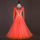 Orange ballroom dance dress with beaded chevron bodice and full swing skirt