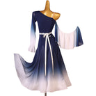 Back view of the navy one shoulder dance dress showing the ribbon ties