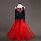 Red organza ballroom competition dress with zigzag velvet bodice hem