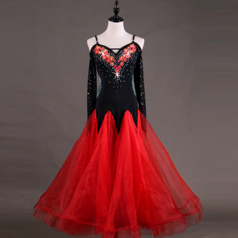 Red organza ballroom competition dress with zigzag velvet bodice hem