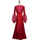 Red ballroom dance dress back view showing the satin sash tied in a bow