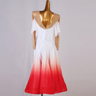 White ballroom dance dress with off shoulder ruffle collar and red ombre skirt