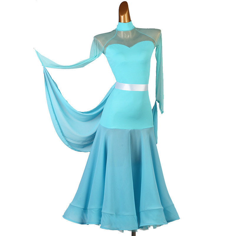 Light blue ballroom dance dress with the long chiffon shoulder panel sweeping out