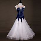 Navy ballroom competition dress front view with full white tulle skirt