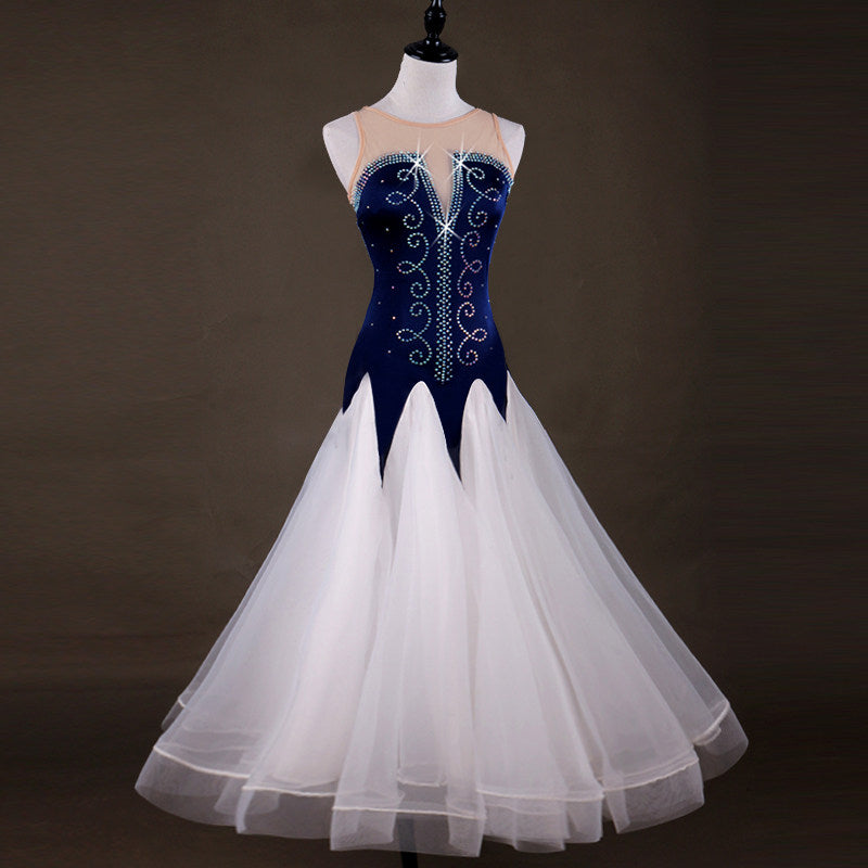 Navy ballroom competition dress front view with full white tulle skirt