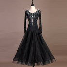 Black ballroom dance dress front view with layered tulle swing skirt
