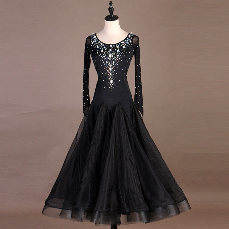 Black ballroom dance dress front view with layered tulle swing skirt