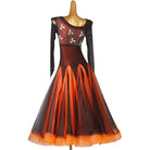 Orange and black ballroom dress front view with the godet panels open
