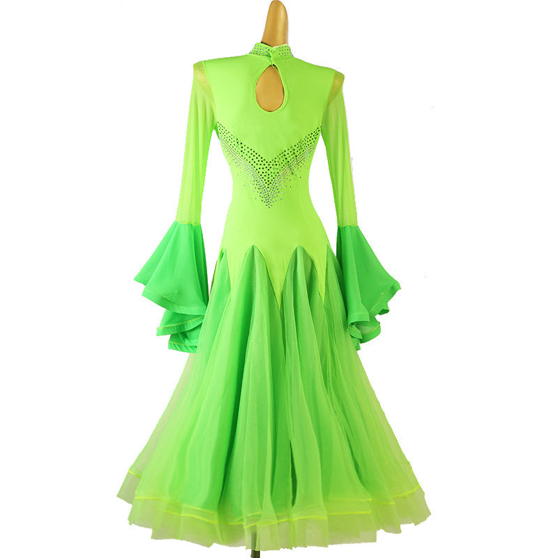Neon green ballroom dress front view with the keyhole mock neck