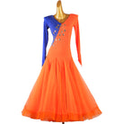Orange and blue ballroom dance dress front view with the tulle skirt