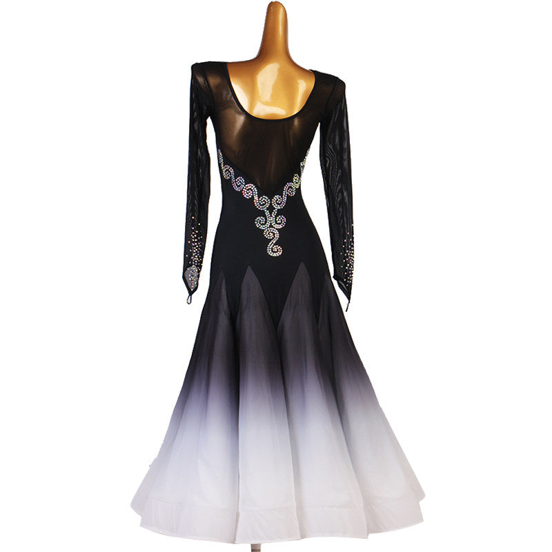 Back view of the black silver scroll ballroom dress showing the sheer mesh back