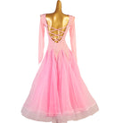 Back view of the pink ballroom dress showing the ribbon laced open back