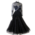Black ballroom dance dress three quarter view with layered tulle skirt