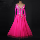 Rose red ballroom dance dress front view with lace applique sleeves