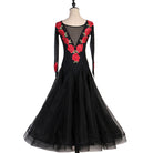Black ballroom dance dress back view showing rose appliques down the spine