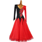 Back view of the rose embroidered ballroom dress with the red tulle skirt