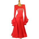 Red ballroom dance dress front view with the tiered flounce sleeves