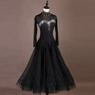 Black ballroom dance dress front view with layered tulle swing skirt
