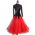 Black and red ballroom dance dress with pointed contrast godet skirt