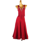 Red beaded fringe ballroom dress front view with the godet skirt hanging
