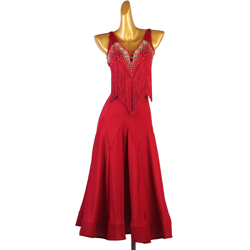Red beaded fringe ballroom dress front view with the godet skirt hanging