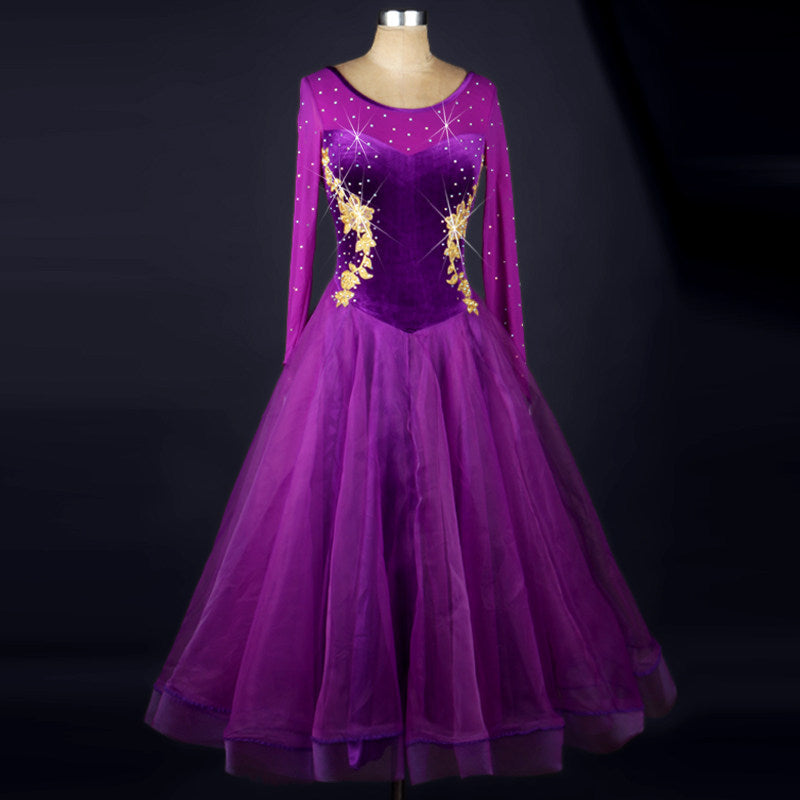 Purple ballroom gown with gold applique velvet bodice and full organza skirt