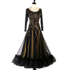 Gold panel ballroom dance dress front view with ruffled hem