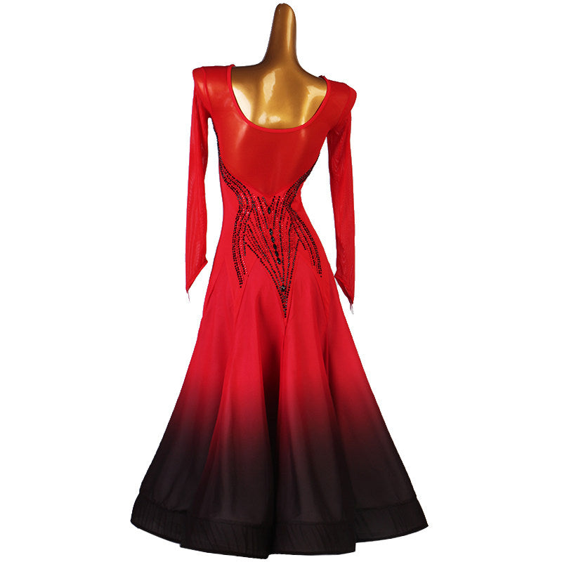 Back view of the red sequin ballroom dance dress showing the scoop back