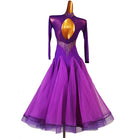 Back view of the purple ballroom dress showing the long oval open back