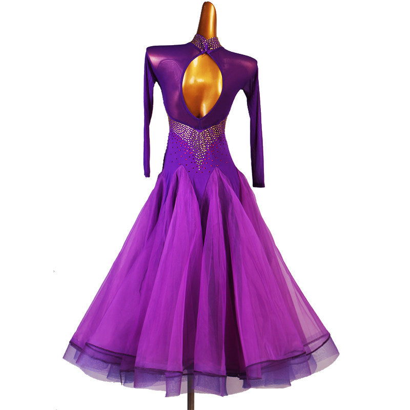Back view of the purple ballroom dress showing the long oval open back