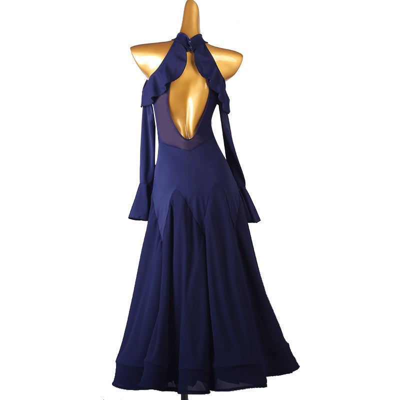 Back view of the navy halter dance dress showing the long keyhole opening