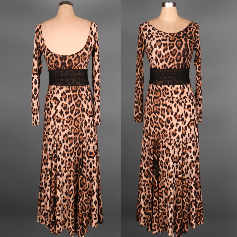 Leopard print ballroom practice dress front and back views on mannequin