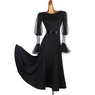 Black ballroom practice dress front view with flared chiffon skirt
