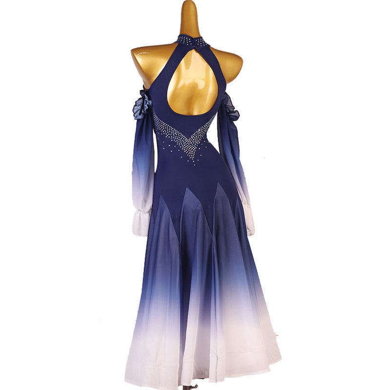 Back view of the navy ballroom dress showing the keyhole opening