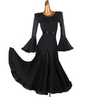 Black ballroom practice dress front view with flared chiffon skirt