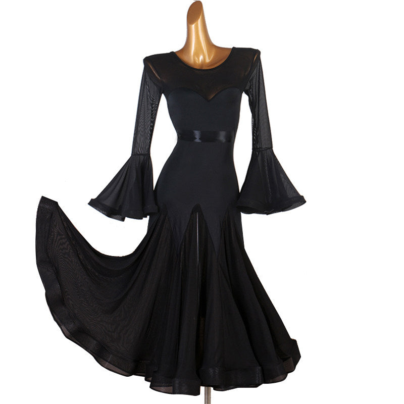 Black ballroom practice dress front view with flared chiffon skirt