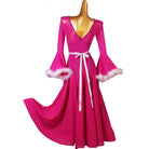 Back view of the hot pink dance dress showing the deep V and ribbon ties
